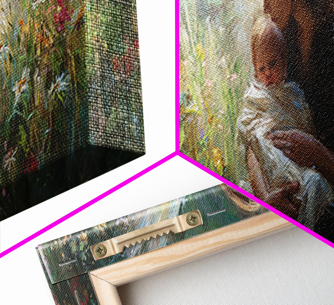 Guardian Angel Cradling Infant In Wildflower Meadow Wall Art, Celestial Canvas Print, Spiritual Nursery Decor, New Baby Gift