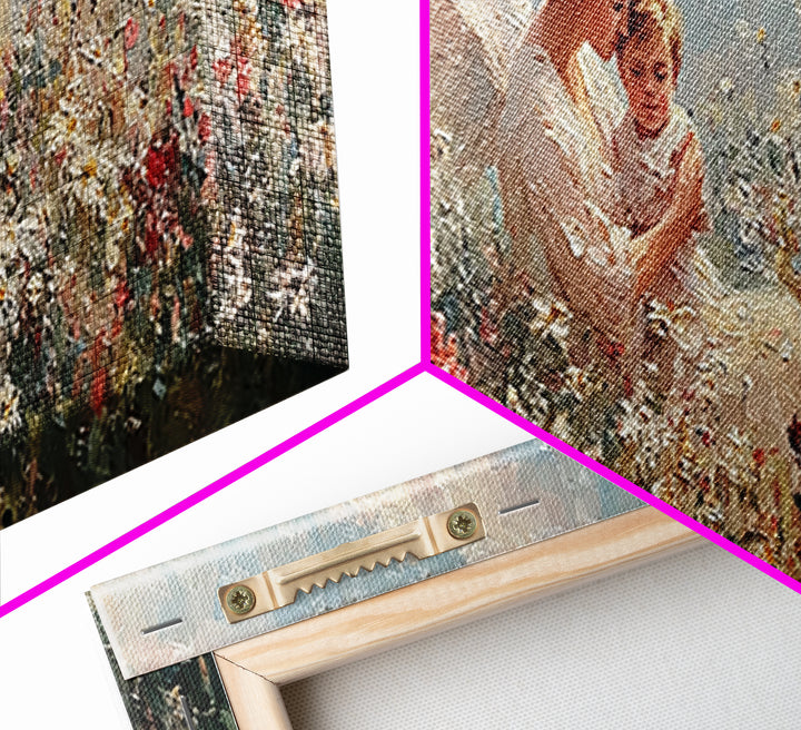 Angel Mother With Toddler In Daisy Meadow Wall Art, Panoramic Framed Canvas Print, Celestial Nursery Decor, Gift For Mom