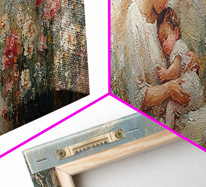 Tender Angel Mother Holding Baby In Flower Meadow Canvas Print, Christian Nursery Art, Mother's Day Gift, Peaceful Wall Art