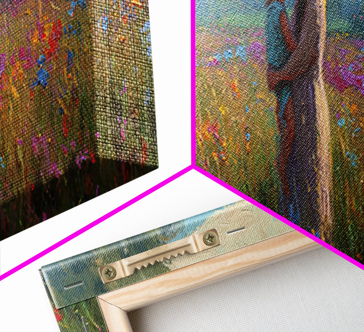 Mother And Child Embracing In Summer Meadow Wall Art, Colorful Canvas Print, Boho Wall Decor, Housewarming Gift, Bedroom Art