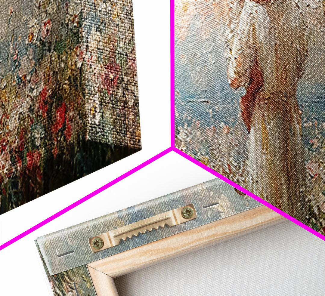 Angel Mother Embracing Child In Flower Garden Wall Art, Textured Oil Painting Framed Canvas Print, Christian Home Decor Gift