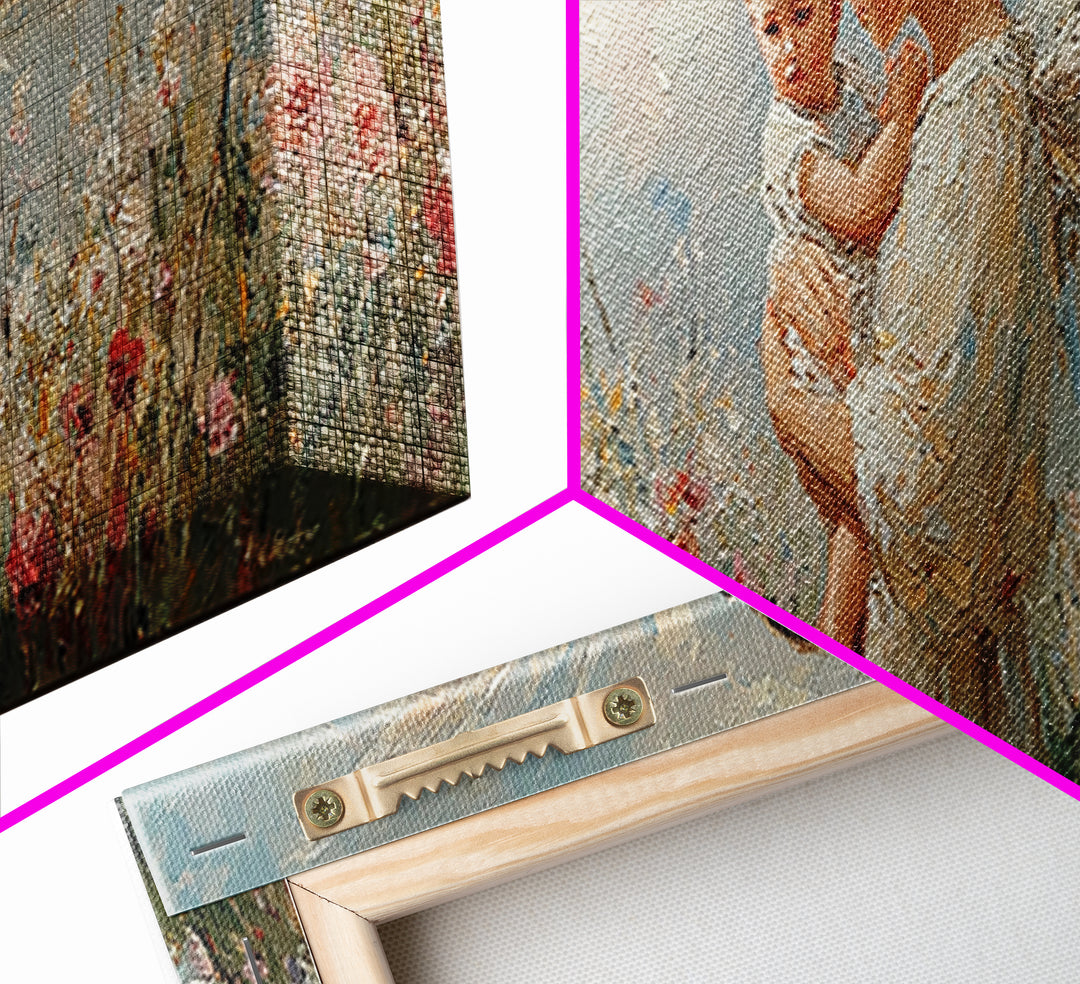 Angel Mother Holding Baby In Floral Meadow Canvas Print, Christian Wall Art, Guardian Angel Nursery Decor, Gift For Mom And Baby Shower Gift