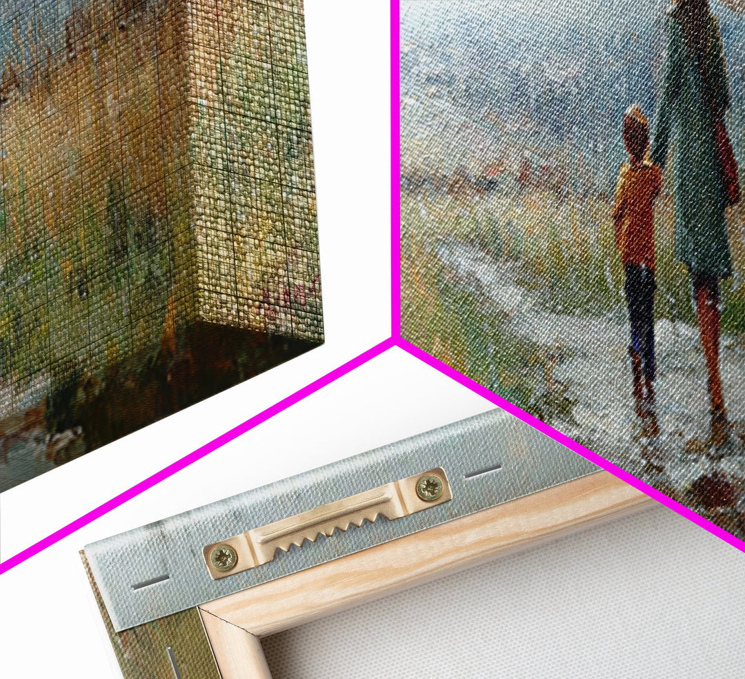 Mother And Child Walking In Rain Wall Art, Umbrella Country Path Landscape Canvas Print, Rustic Farmhouse Home Decor Gift