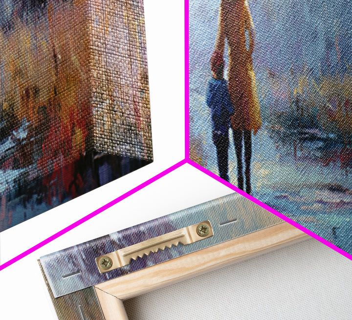 Mother And Child Walking In Rain With Blue Umbrella Framed Canvas Print, Moody Landscape Wall Art, Office Decor, Housewarming Gift