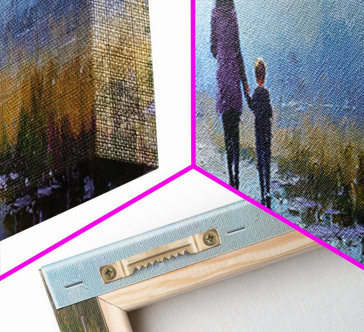 Mother And Son Under Blue Umbrella On Rainy Path Framed Canvas Print, Moody Landscape Wall Art, Bedroom Decor, Gift For Her