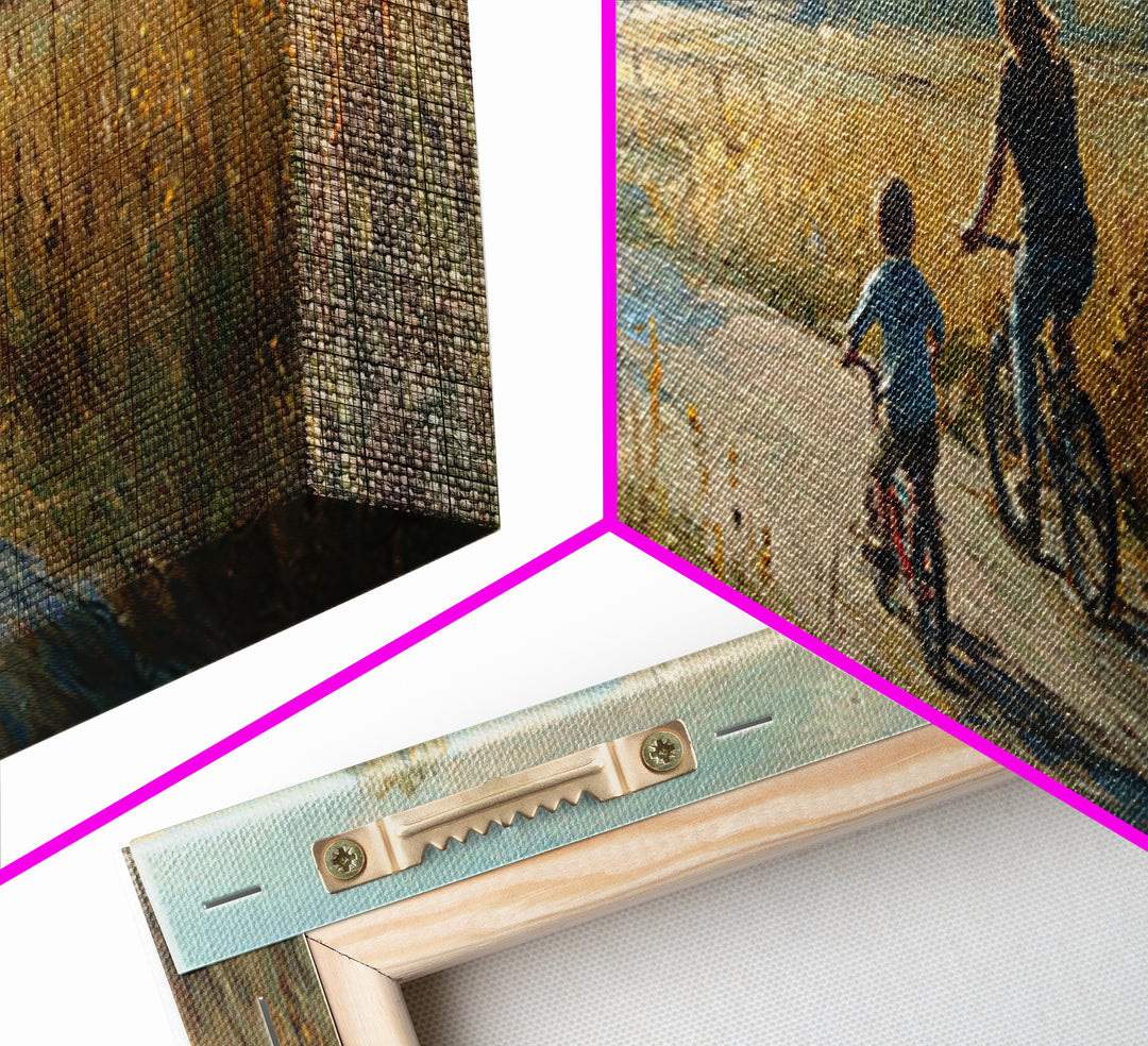 Mother And Child Biking Golden Meadow Canvas Print, Country Landscape Wall Decor, Housewarming Gift, Farmhouse Home Decor