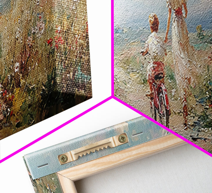 Windy Coastal Bike Ride With Child Canvas Print, Wildflower Meadow Wall Decor, Beach House Decor, Large Horizontal Art Print