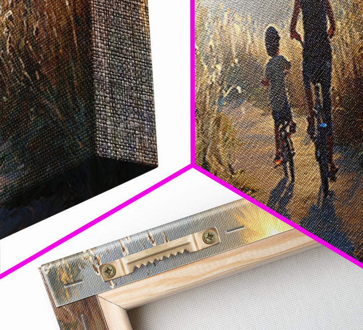 Sunlit Mother And Child Biking Path Framed Canvas Print, Golden Meadow Landscape, Living Room Wall Art, Housewarming Gift