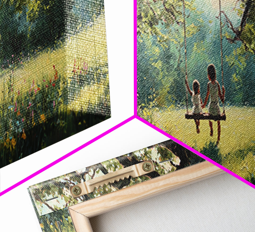 Children On Tree Swing Beneath Ancient Oak Wall Art, Whimsical Nursery Decor, Woodland Kids Room Art, Housewarming Gift Idea
