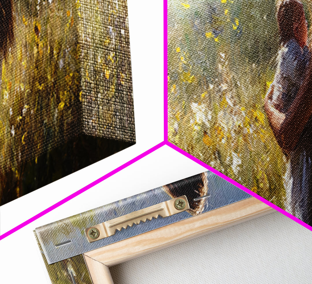 Mother And Baby In Sunlit Wildflower Meadow Wall Art, Impressionist Landscape, Nursery Decor, Gift For Mom, Above Bed Art