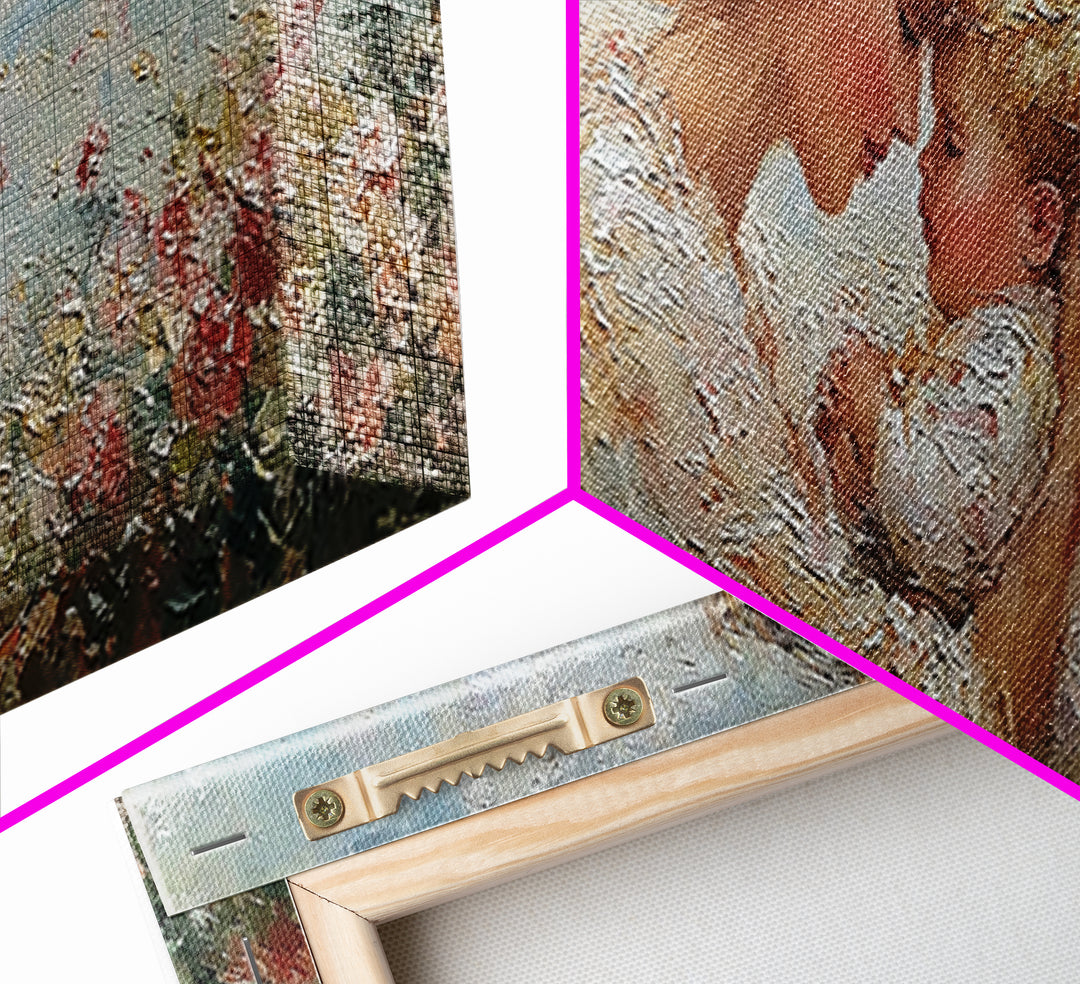 Mother Kissing Baby In Blue Wildflowers Framed Canvas Print, Textured Oil Painting Wall Art, Nursery Decor, New Mom Gift