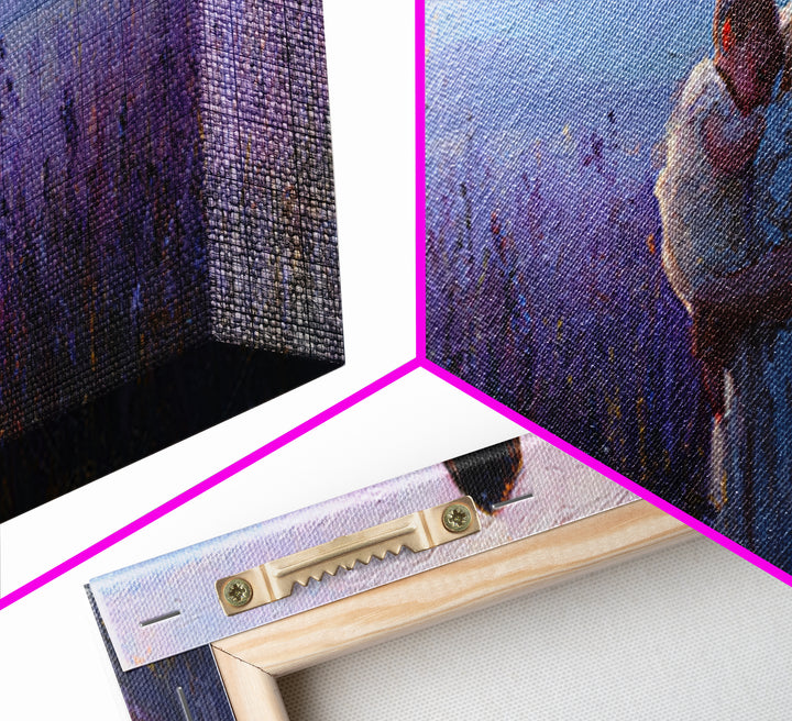 Mother Holding Baby At Lavender Sunset Wall Art, Moody Purple Landscape, Framed Canvas Print, Nursery Decor, Gift For Mom