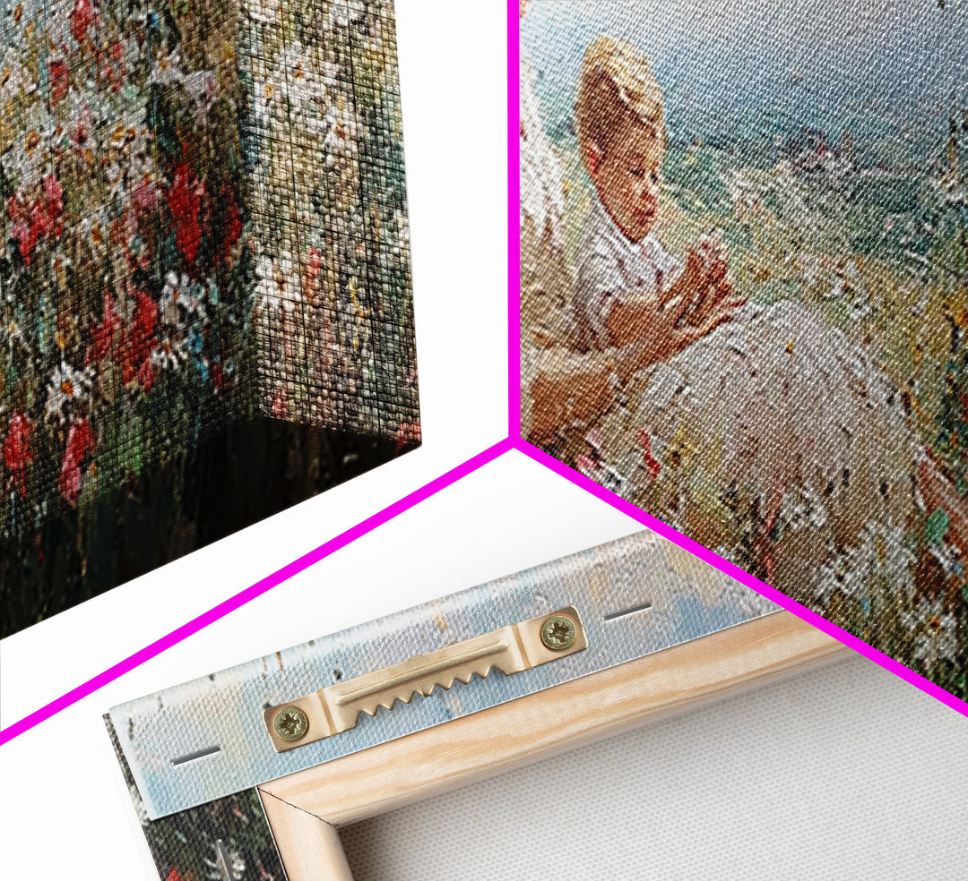 Mother And Child By The Sea Framed Canvas Print, Impressionist Wildflower Meadow, Coastal Nursery Wall Decor, Gift For Her