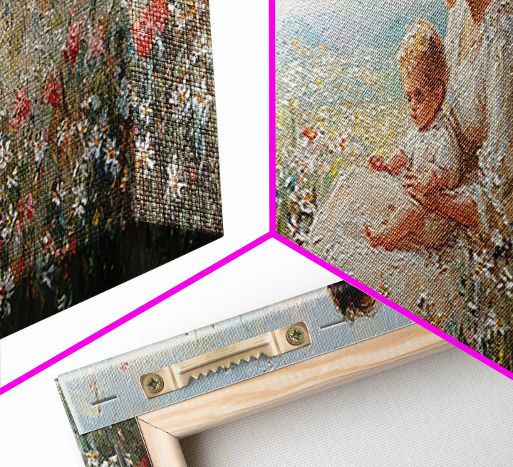 Sunlit Mother And Baby Wildflower Canvas Print, Impressionist Meadow Landscape, Feminine Nursery Wall Art Home Decor, Gift For Her
