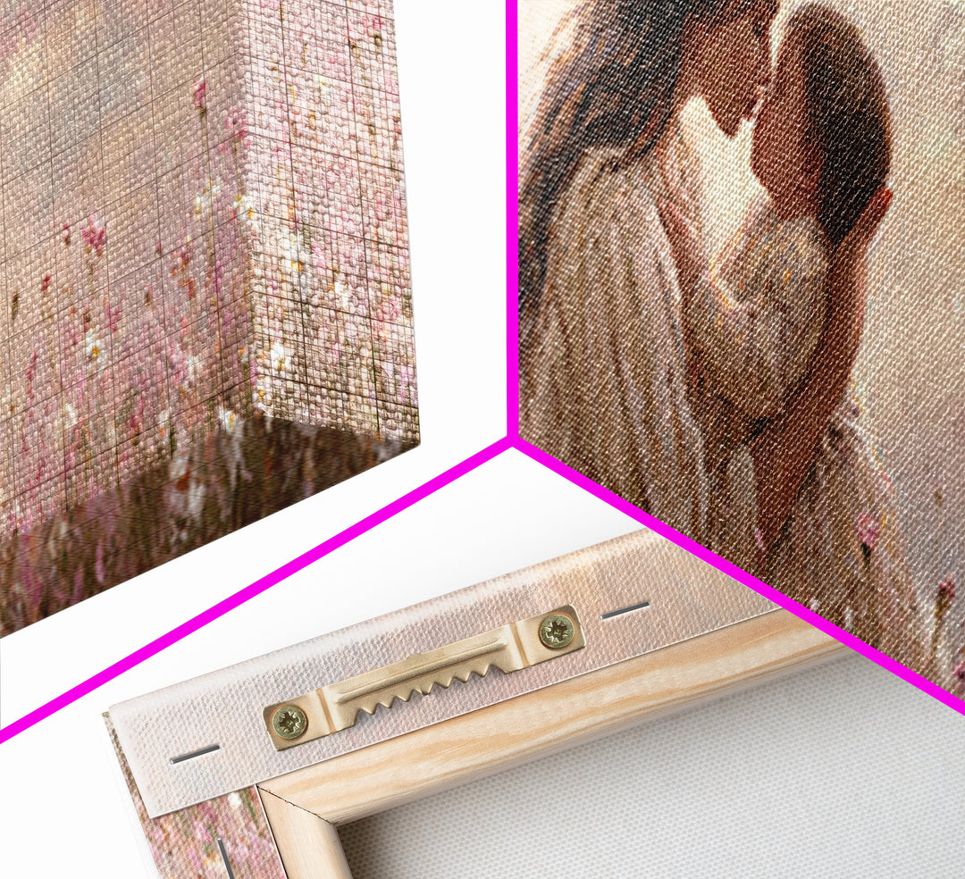 Tender Mother And Baby Kiss Canvas Print, Soft Pink Wildflower Meadow Painting, Nursery Wall Art, Feminine Home Decor, Gift For Mom