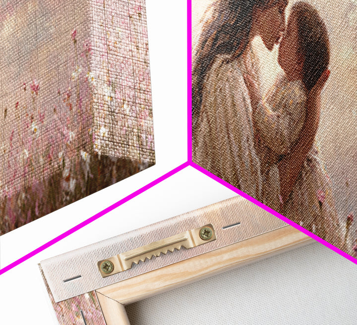 Tender Mother And Baby Kiss Canvas Print, Soft Pink Wildflower Meadow Painting, Nursery Wall Art, Feminine Home Decor, Gift For Mom