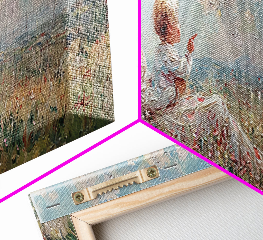 Mother And Child On Sunny Hill Framed Canvas Print, Impressionist Wildflower Landscape, Panoramic Wall Art, Nursery Decor