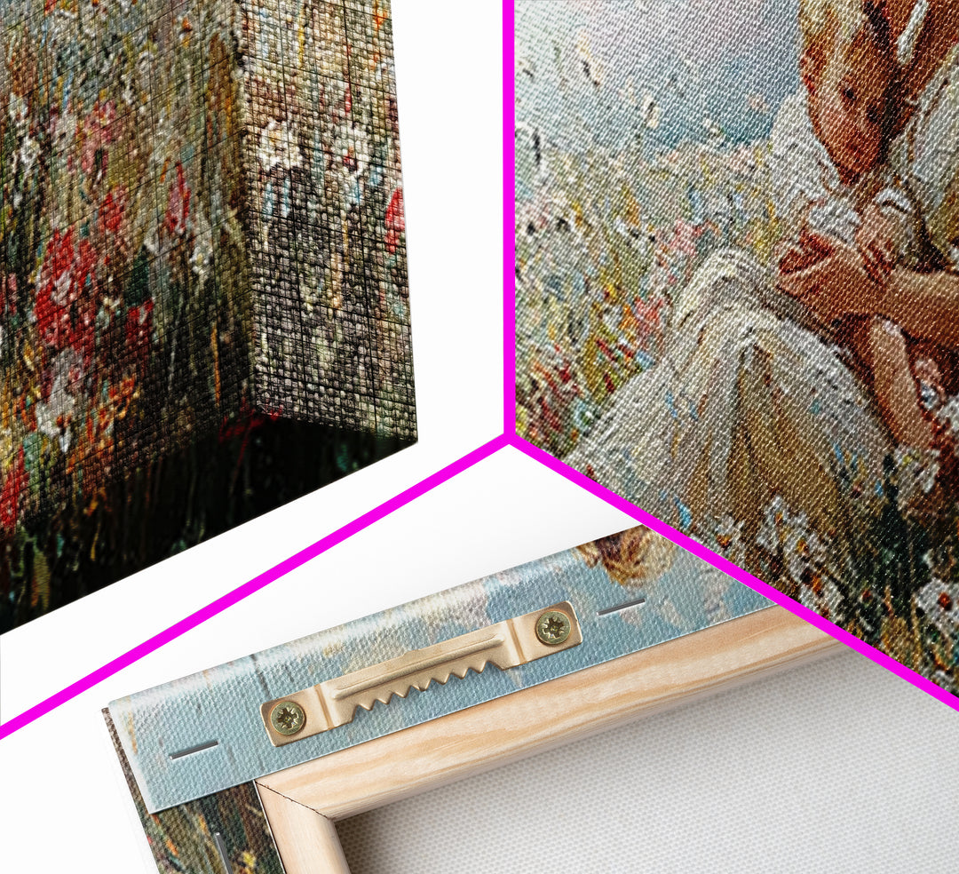 Mother And Child In Sunlit Flower Field Framed Canvas Print, Impressionist Nursery Wall Decor, Floral Art, Gift For Mom