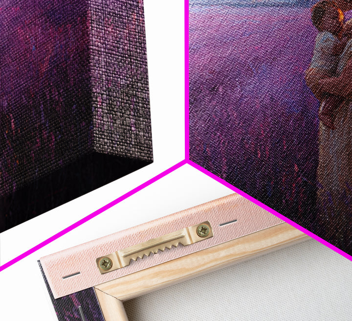 Mother And Baby Embrace In Lavender Sunset Field Framed Canvas Print, Purple Wall Art, Feminine Nursery Decor Gift For Mom