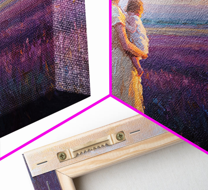 Mother And Child In Lavender Meadow Sunrise Canvas Print, Romantic Landscape Wall Art, Purple Bedroom Decor, Gift For Her