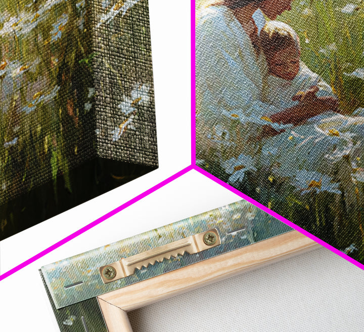 Guardian Angel Mother And Baby In Daisy Meadow Wall Art, Christian Nursery Decor, Spiritual Gift, Peaceful Floral Fine Art Print