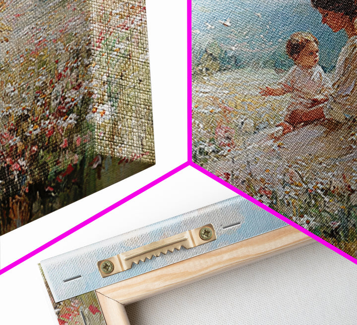 Guardian Angel And Child In Alpine Wildflower Meadow Framed Canvas Print, Christian Wall Art, Mountain Nursery Decor Gift