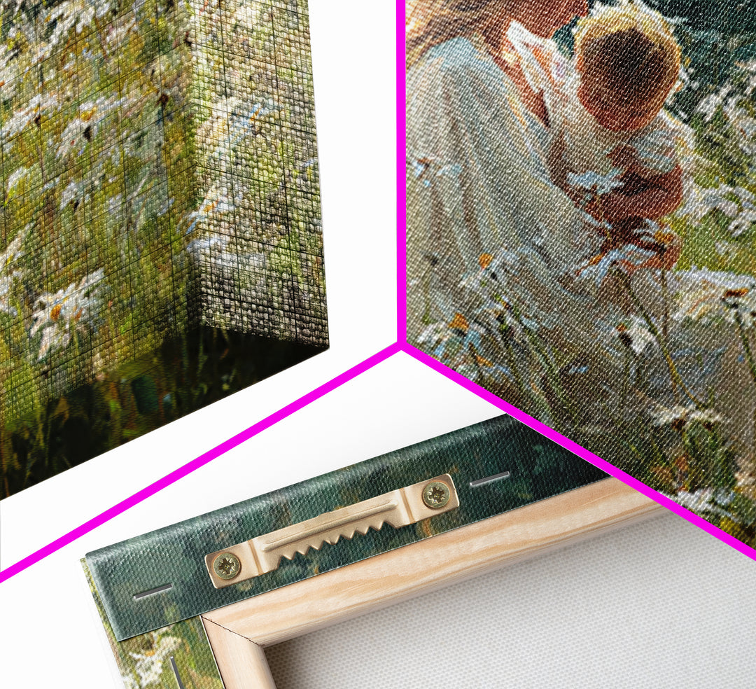 Guardian Angel Cradling Baby In Daisy Meadow Framed Canvas Print, Christian Nursery Wall Decor, Baptism Gift, Home Decor