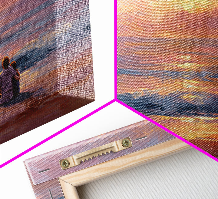 Parent And Child Watching Ocean Sunset Wall Art, Coastal Beach Canvas Print, Seascape Living Room Decor, Housewarming Gift