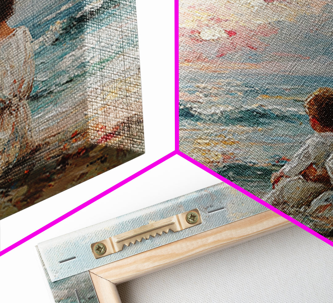 Mother And Child By Blue Sea Framed Canvas Print, Coastal Wall Art, Beach House Decor, Ocean Nursery, Gift For Mom, Living Room Art