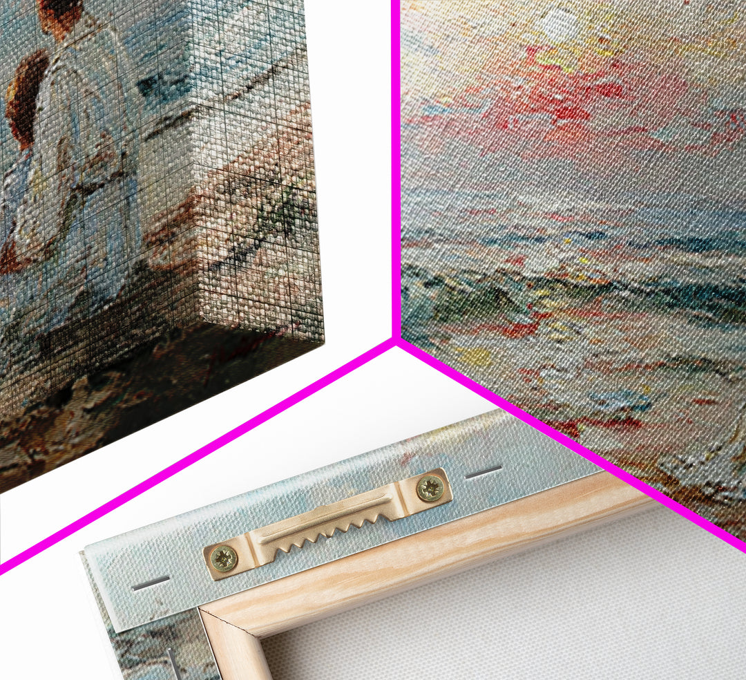 Impasto Mother And Child At Gentle Ocean Sunrise Framed Canvas Print, Coastal Wall Art, Beach Decor, Gift For Mom, Serene Home Decor