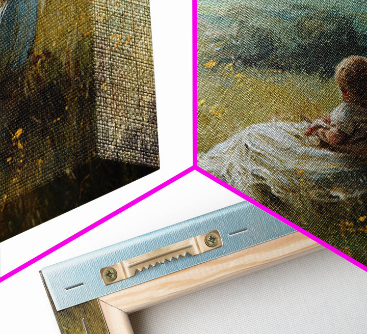 Mother And Baby In Wildflower Meadow Wall Art, Impressionist Landscape Painting, Feminine Nursery Decor, Gift For Mom, Living Room Decor