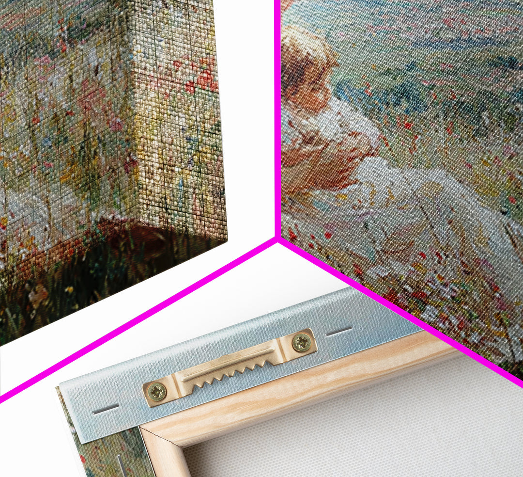 Seated Mother Nursing Baby In Flower Field Framed Canvas Print, Impressionist Landscape Art, Feminine Bedroom Decor, Gift For Her