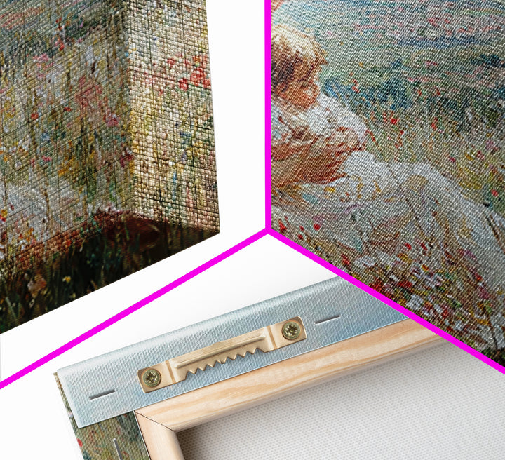 Seated Mother Nursing Baby In Flower Field Framed Canvas Print, Impressionist Landscape Art, Feminine Bedroom Decor, Gift For Her