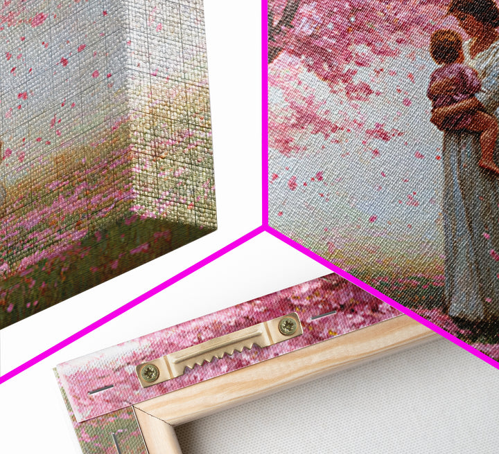 Mother And Child Under Cherry Blossom Tree Framed Canvas Print, Pink Floral Landscape, Romantic Nursery Decor, Gift For Her