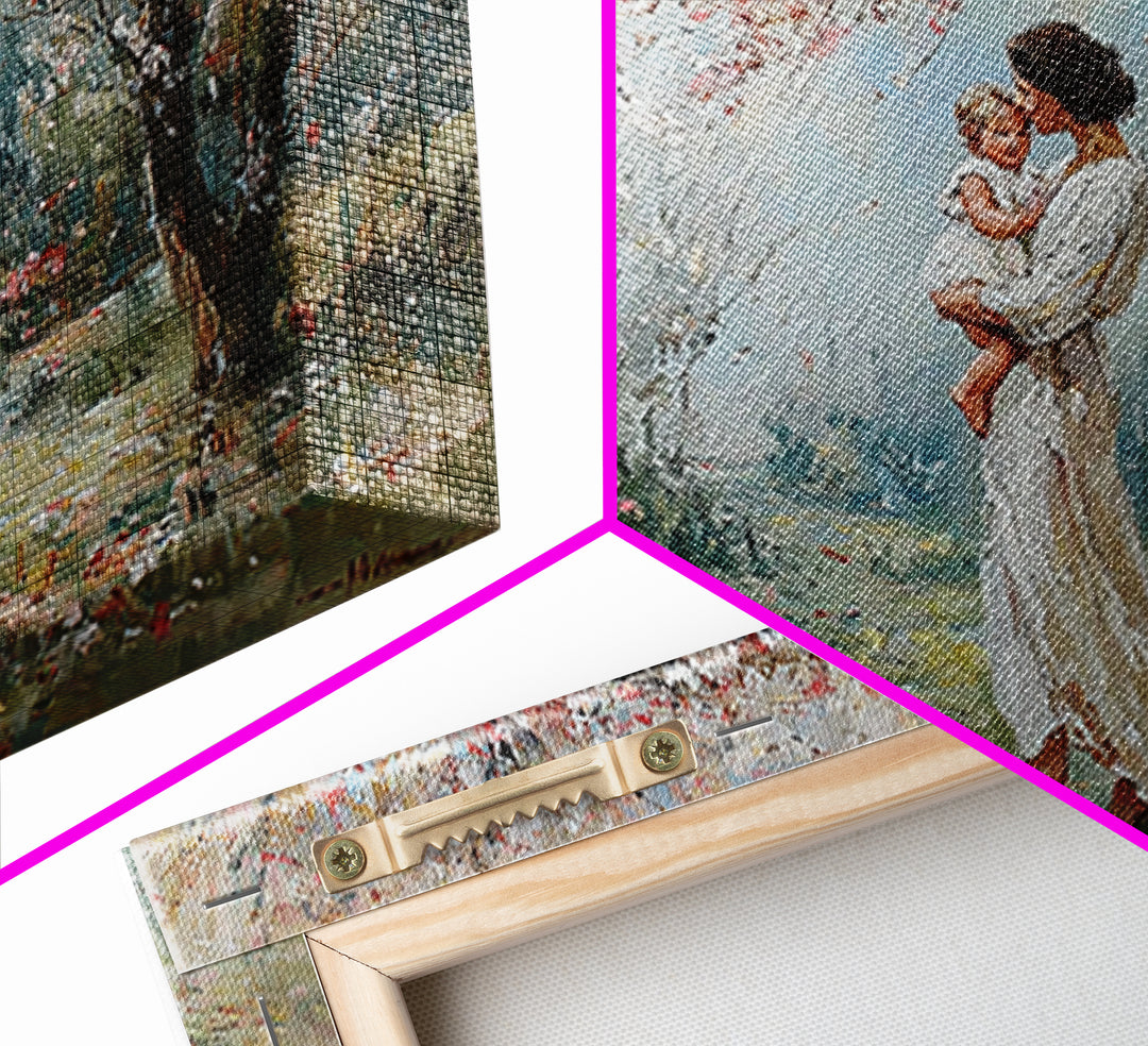 Mother Holding Baby In Blooming Garden Canvas Print, Impressionist Floral Wall Art, Nursery Decor, Housewarming Gift, Home Decor