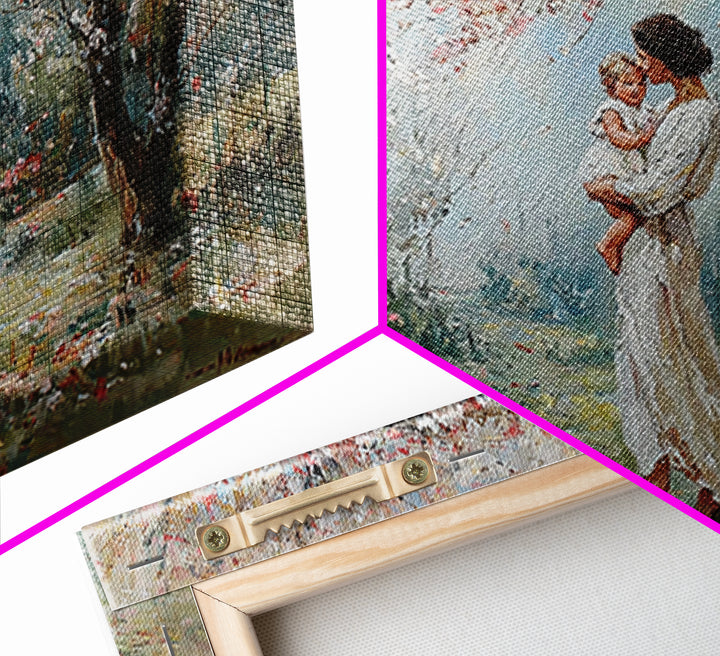 Mother Holding Baby In Blooming Garden Canvas Print, Impressionist Floral Wall Art, Nursery Decor, Housewarming Gift, Home Decor