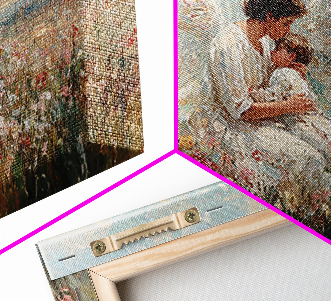 Guardian Angel Holding Baby In Wildflower Field Framed Canvas Print, Christian Wall Art, Nursery Decor, Spiritual Gift Idea