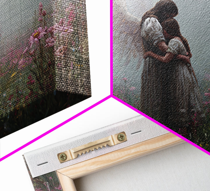Guardian Angel Hugging Child In Misty Wildflowers Wall Art, Spiritual Nursery Decor, Moody Floral Fine Art Print For Mom
