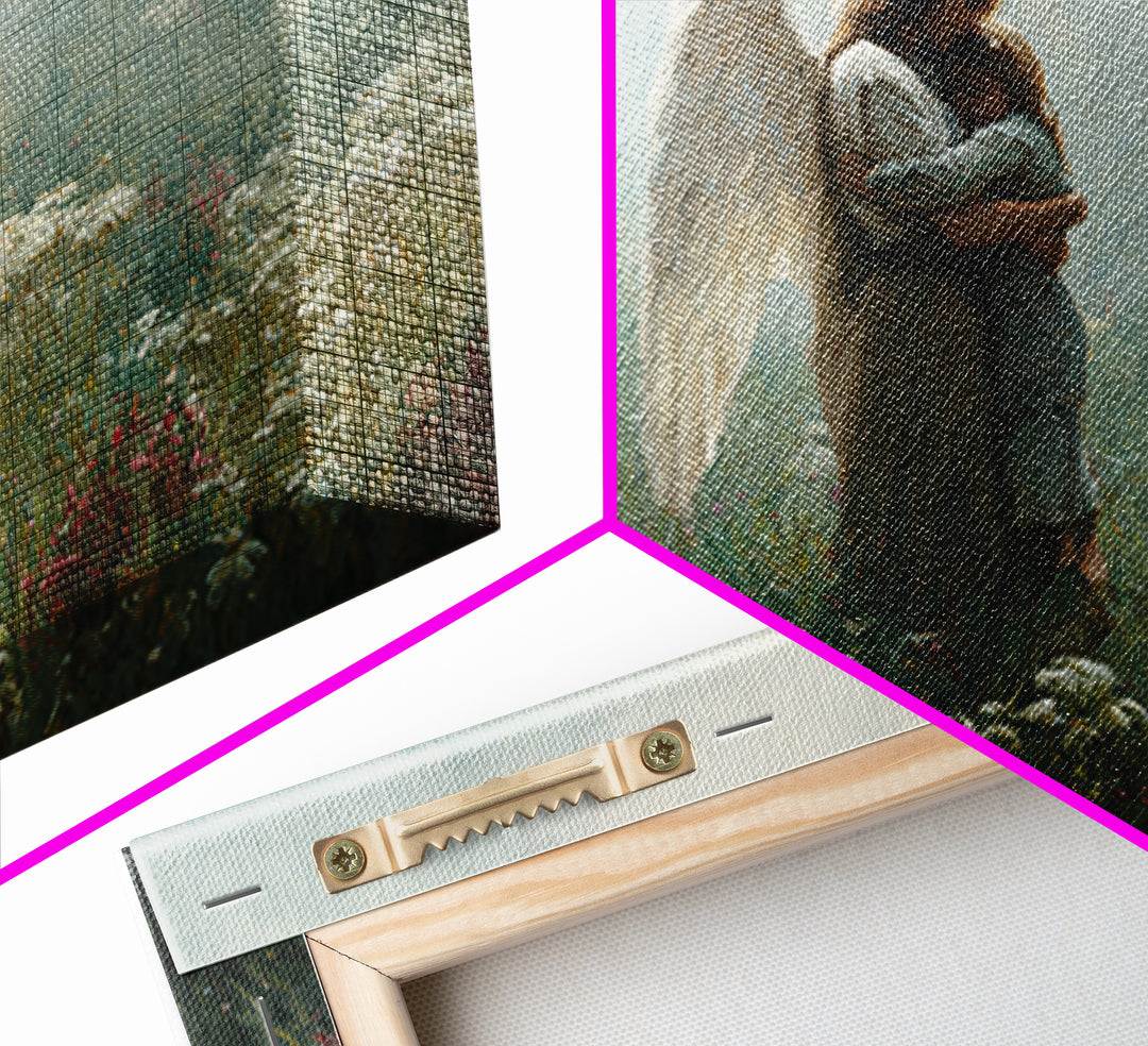 Angel Mother Cradling Child In Soft Meadow Canvas Print, Spiritual Wall Art, Calming Floral Nursery Decor, Gift For Mom, Home Decor