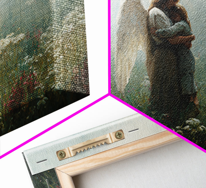 Angel Mother Cradling Child In Soft Meadow Canvas Print, Spiritual Wall Art, Calming Floral Nursery Decor, Gift For Mom, Home Decor