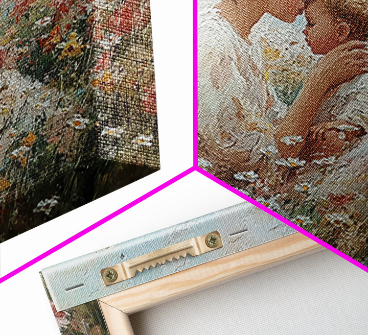 Tender Mother Kissing Baby Among White Daisies Framed Canvas Print, Floral Nursery Wall Art, Spiritual Gift For Mom, Home Decor