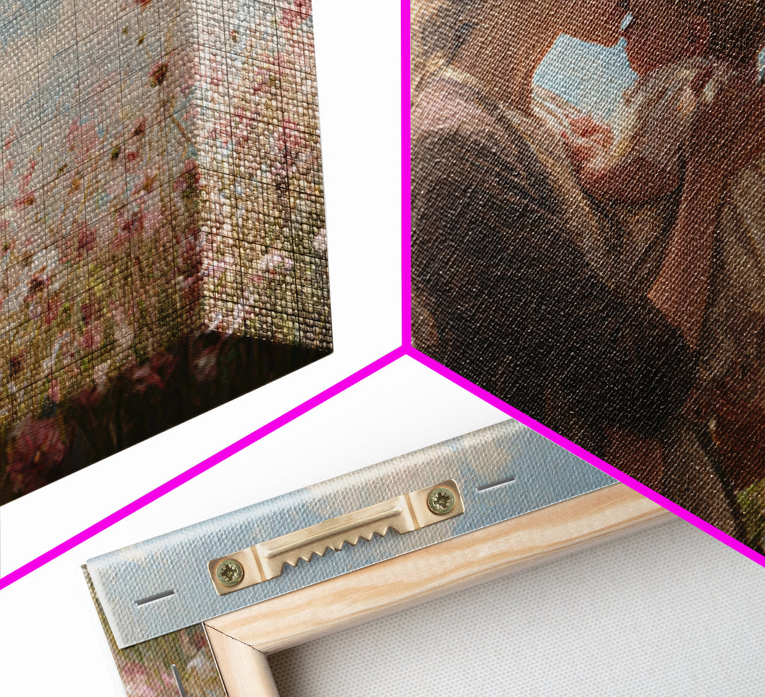 Blonde Mother Kissing Baby In Pink Flower Field Framed Canvas Print, Soft Nursery Wall Art, Mothers Day Gift, Home Decor