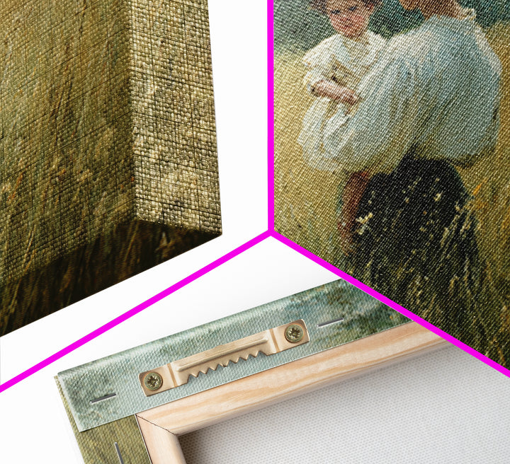 Mother Holding Child In Summer Field Framed Canvas Print, Impressionist Oil Painting, Rustic Wall Art, Farmhouse Home Decor
