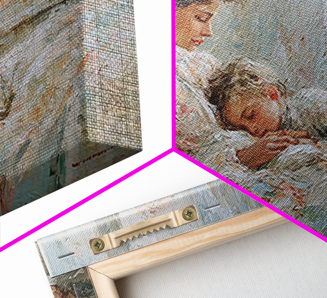 Mother And Child Bedtime Cuddle By Window Framed Canvas Print, Cozy Bedroom Wall Art, Nursery Wall Art, Gift For Mom, Home Decor