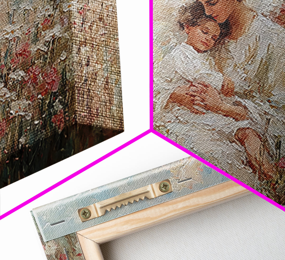 Textured Guardian Angel With Sleeping Child In Daisy Meadow Framed Canvas Print, Christian Wall Art, Nursery Decor, Gift