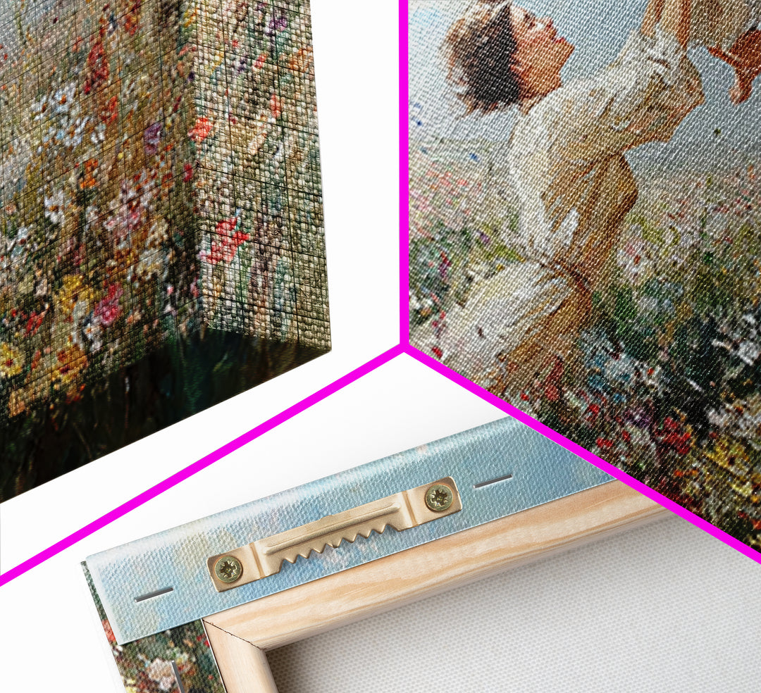 Mother Raising Baby Above White Wildflowers Framed Canvas Print, Impressionist Meadow Wall Art, Nursery Decor, Gift For Mom
