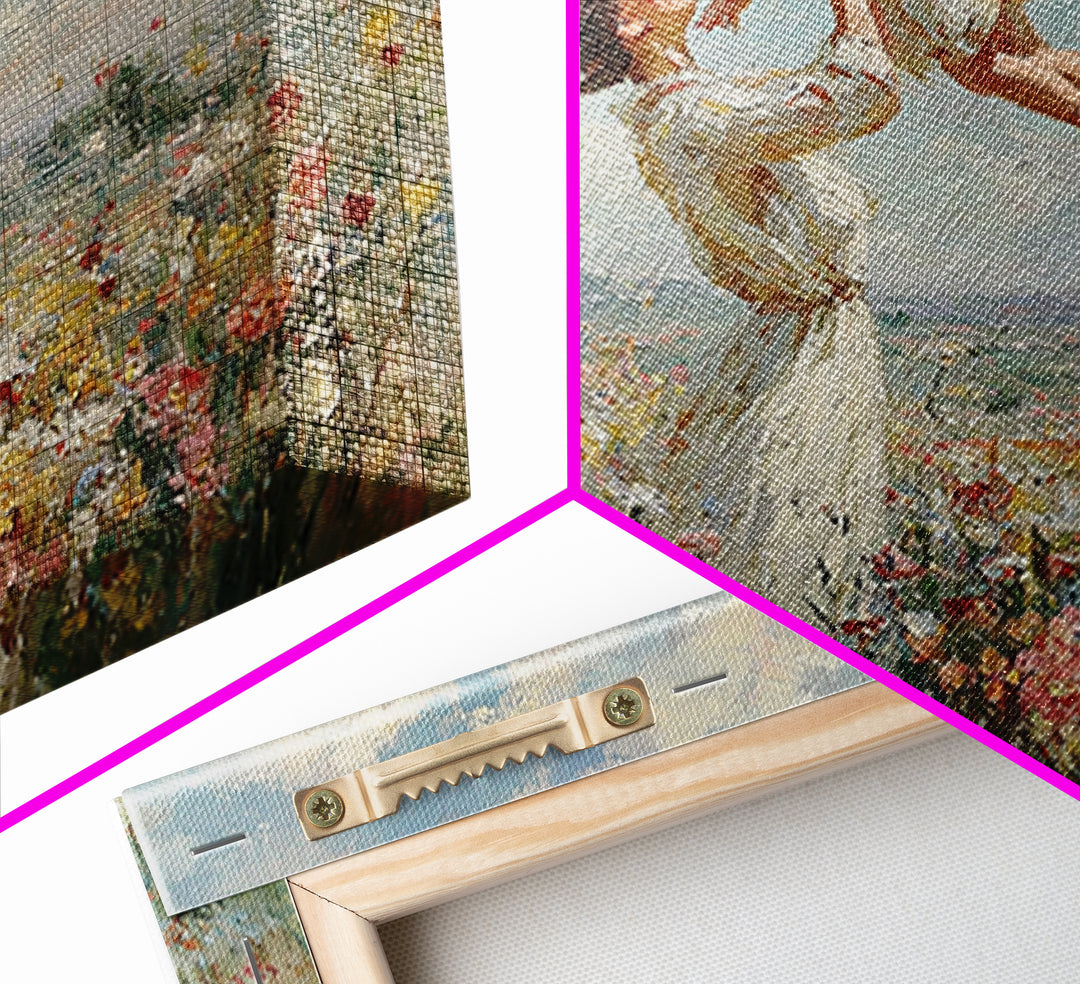 Mother Holding Child Over Blooming Meadow Wall Art, Impressionist Floral Landscape Canvas Print, Nursery Decor, Gift For Mom