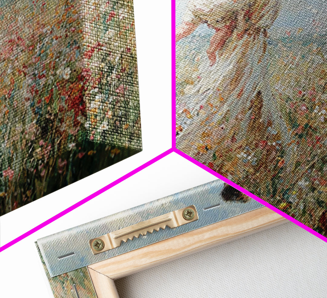 Mother Carrying Child Across Breezy Wildflower Field Wall Art, Impressionist Floral Landscape Canvas Print, Gift For Mom