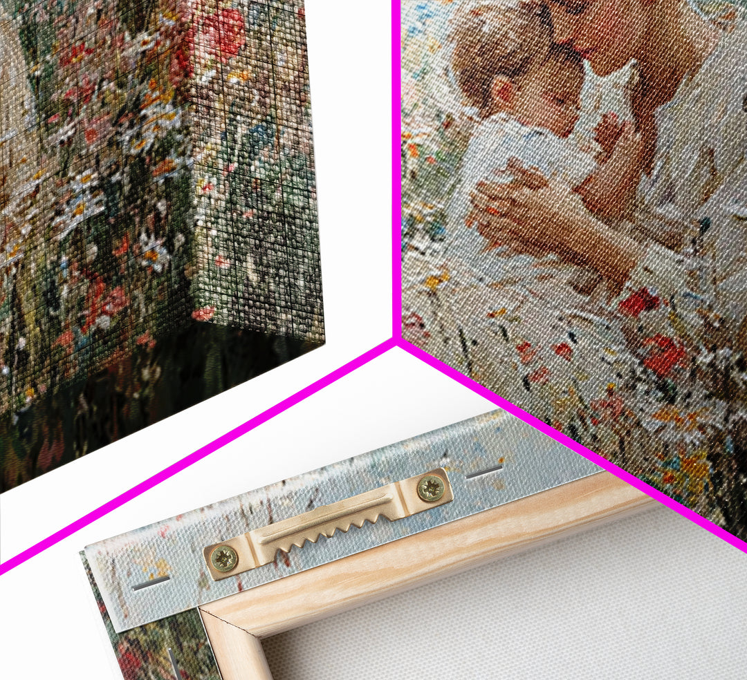 Seated Mother Cuddling Baby In Flower Field Wall Art, Impressionist Oil Painting Print, Feminine Nursery Decor, Gift For Mom