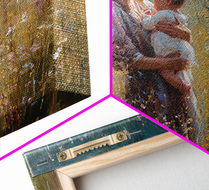 Sunlit Mother Holding Baby In Golden Meadow Framed Canvas Print, Impressionist Floral Painting, Nursery Wall Art, Gift For Her